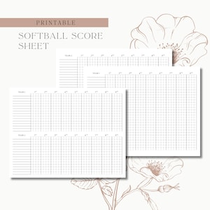 Może przedstawiać: Arkusz wyników do softballu do druku z układem siatki dla dwóch drużyn z kolumnami na dziewięć inningów. Dokument zawiera tekst PRINTABLE SOFTBALL SCORE SHEET oraz etykiety Team 1 i Team 2 na białym tle.