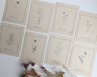 Botanical Seeded Wildflower Paper Thank You | Notecard | Plant Drawings | Flowers | Leaves | Plantable | Set of 8 | Variety Pack | Recycle