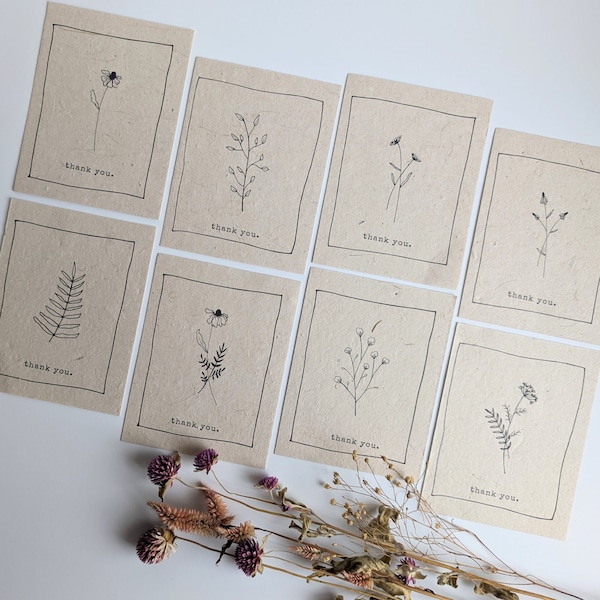 Botanical Seeded Wildflower Paper Thank You | Notecard | Plant Drawings | Flowers | Leaves | Plantable | Set of 8 | Variety Pack | Recycle