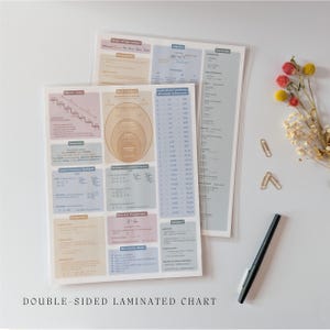 May include: Two double-sided laminated educational charts featuring mathematical concepts, formulas, and conversion tables in pastel colors. The charts include sections on statistics, real numbers, and geometry, accompanied by a black pen and paper clips.