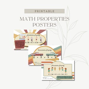 May include: Three printable posters illustrating the distributive, commutative, and associative properties of math. Each poster features a colorful retro design with a cartoon illustration and a description of the property.