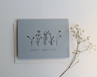 Wildflower Happy Birthday Card | Hand Drawn | Greeting Card | Minimal | Blank Inside | A2 | Envelope | Card for Her | Friend | Mom | Sister