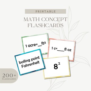 Puede incluir: Un conjunto de tarjetas de memoria imprimibles sobre conceptos matemáticos con fondos coloridos. Las tarjetas presentan diversos conceptos matemáticos, incluyendo conversiones, como 1 acre = ___ ft² y 1 c = ___ fl oz, así como el punto de ebullición de Fahrenheit y el número 8 al cuadrado.