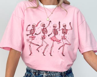 Rosa Skelette tanzen Shirt, Damen Skelette T-Shirt, lustige Skelette Sweatshirt, Halloween Geschenke für sie, Halloween Skelette T-Shirt