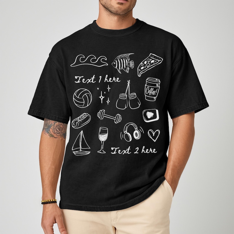 Custom Personality Shirt, Customized Drawn T-Shirt, This Is Me Doodles Tee, Favourite Things, Anniversary Gift, Valentine's Day Symbols Tee image 3