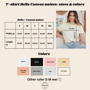Op de afbeelding: Afbeelding van een Bella + Canvas unisex t-shirt met maat- en kleuropties. Maten vari&euml;ren van S tot 2XL, met breedtematen in inches van 17,99 tot 25,98 (45,69 tot 65,99 cm) en lengtematen van 27,99 tot 32,01 inches (71,09 tot 81,30 cm). Kleuropties zijn wit, zwart, lichtroze, zand, heather peach, sportgrijs, as en naturel.