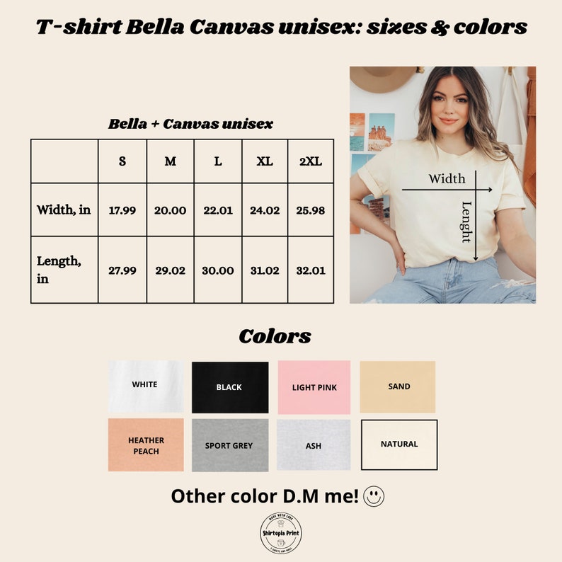Op de afbeelding: Afbeelding van een Bella + Canvas unisex t-shirt met maat- en kleuropties. Maten vari&euml;ren van S tot 2XL, met breedtematen in inches van 17,99 tot 25,98 (45,69 tot 65,99 cm) en lengtematen van 27,99 tot 32,01 inches (71,09 tot 81,30 cm). Kleuropties zijn wit, zwart, lichtroze, zand, heather peach, sportgrijs, as en naturel.