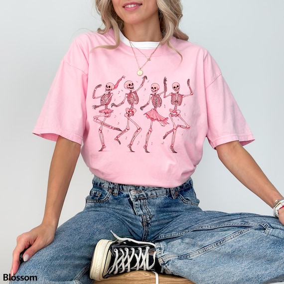Pink Skeletons Dancing Shirt, Women's Skeletons Tee, Funny Skeletons Sweatshirt, Halloween Gifts For Her, Halloween Skeletons Tee
