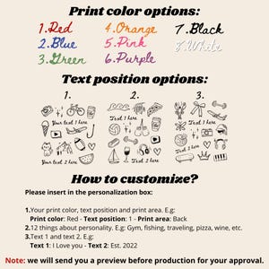 May include: Image with customization instructions for a personalized product. It shows color and text position options, along with examples for personalization. The text includes options for red, blue, green, orange, pink, purple, black, and white.