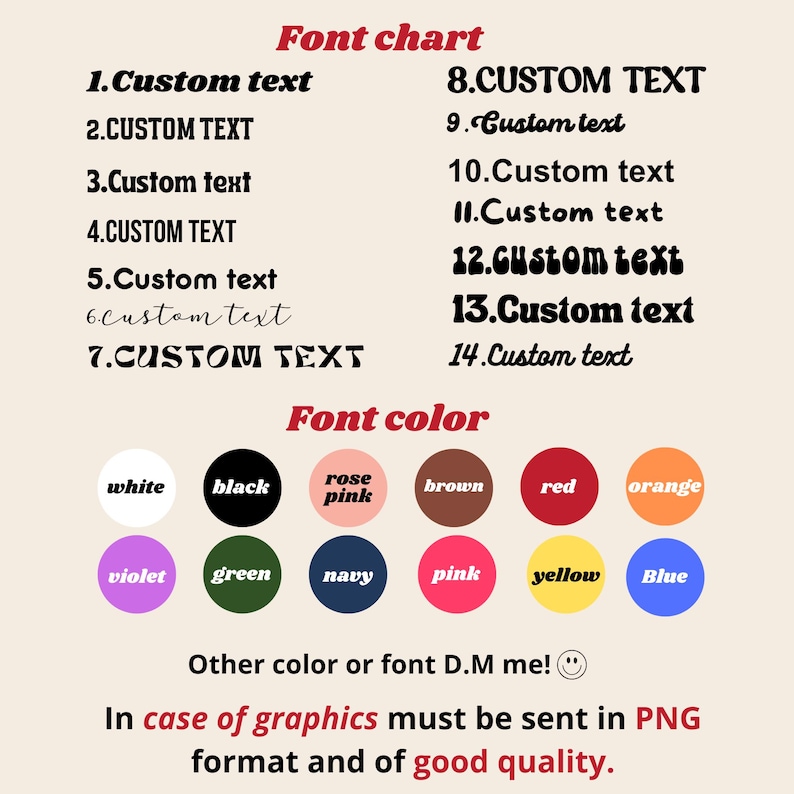 Pu&ograve; includere: Un grafico dei font con esempi di testo personalizzato in vari stili. Le opzioni di colore includono bianco, nero, rosa, marrone, rosso, arancione, viola, verde, blu navy, rosa, giallo e blu. Il testo menziona anche l'invio di grafica in formato PNG.