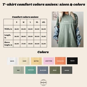 Op de afbeelding: Afbeelding met een maattabel voor unisex t-shirts, met afmetingen in inches voor breedte, lengte en mouwlengte. Een kleurenpalet toont opties zoals wit, ivoor en zwart. De tekst luidt "T-shirt comfort colors unisex: maten & kleuren."