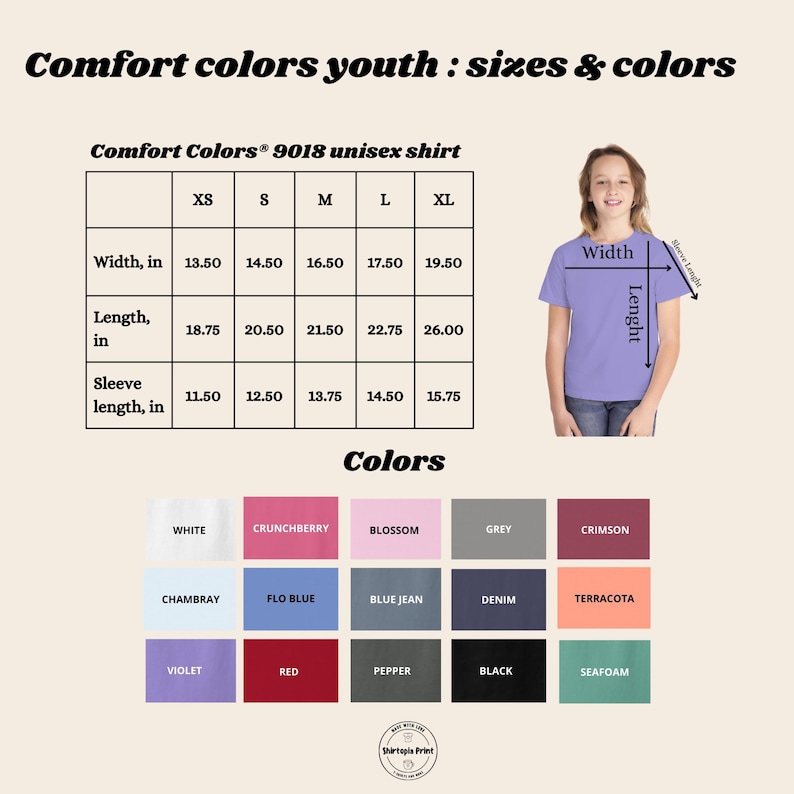 Puede incluir: Tabla de tallas para camisas unisex para j&oacute;venes en Comfort Colors&reg; 9018. La tabla muestra las medidas en pulgadas para las tallas XS, S, M, L y XL. La tabla incluye el ancho, la longitud y la longitud de la manga. Una tabla de colores muestra 15 colores diferentes para las camisas: blanco, crunchberry, blossom, gris, carmes&iacute;, Chambray, flo blue, blue jean, denim, terracota, violeta, rojo, pimienta, negro y espuma de mar.