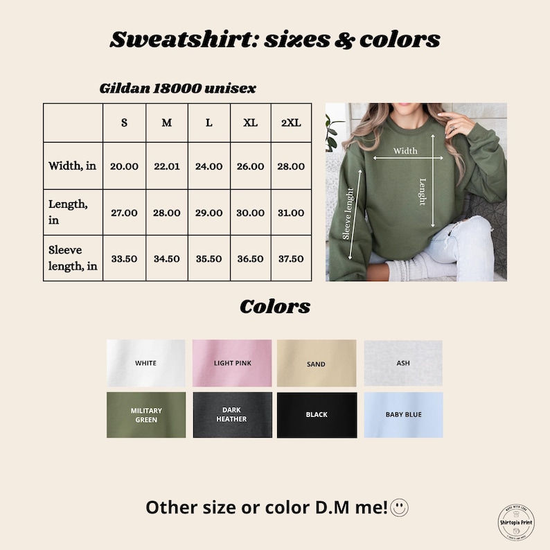 K&ouml;nnte beinhalten: Produktbild mit einer Gr&ouml;&szlig;entabelle f&uuml;r Unisex-Sweatshirts von Gildan 18000 mit Ma&szlig;en in Zoll. Die Tabelle umfasst die Gr&ouml;&szlig;en S bis 2XL mit Angaben zu Breite, L&auml;nge und &Auml;rmell&auml;nge. Farboptionen sind Wei&szlig;, Hellrosa, Sand, Aschgrau, Milit&auml;rgr&uuml;n, Dunkelgrau, Schwarz und Babyblau.