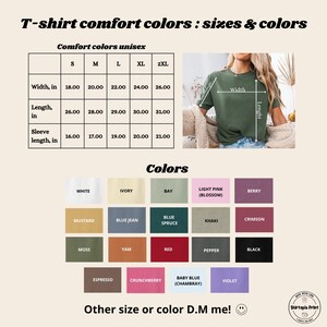 K&ouml;nnte beinhalten: Gr&ouml;&szlig;entabelle f&uuml;r Unisex-T-Shirts in Komfortfarben, mit Ma&szlig;en in Zoll. Die Tabelle enth&auml;lt die Gr&ouml;&szlig;en S bis 2XL mit Breiten-, L&auml;ngen- und &Auml;rmell&auml;ngenma&szlig;en. Eine Farbpalette mit verschiedenen Optionen wird ebenfalls angezeigt.