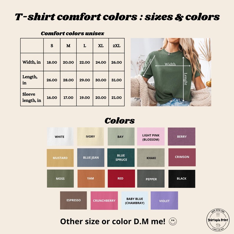 K&ouml;nnte beinhalten: Gr&ouml;&szlig;entabelle f&uuml;r Unisex-T-Shirts in Komfortfarben, mit Ma&szlig;en in Zoll. Die Tabelle enth&auml;lt die Gr&ouml;&szlig;en S bis 2XL mit Breiten-, L&auml;ngen- und &Auml;rmell&auml;ngenma&szlig;en. Eine Farbpalette mit verschiedenen Optionen wird ebenfalls angezeigt.