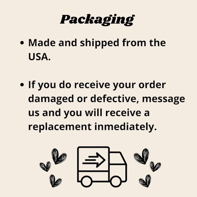 K&ouml;nnte beinhalten: Text auf beigem Hintergrund mit der Aufschrift "Verpackung", gefolgt von Aufz&auml;hlungspunkten. Ein Aufz&auml;hlungspunkt besagt "Hergestellt und versandt aus den USA". Ein weiterer besagt, dass man sich bei Besch&auml;digung f&uuml;r Ersatz melden soll. Eine LKW-Grafik ist enthalten.