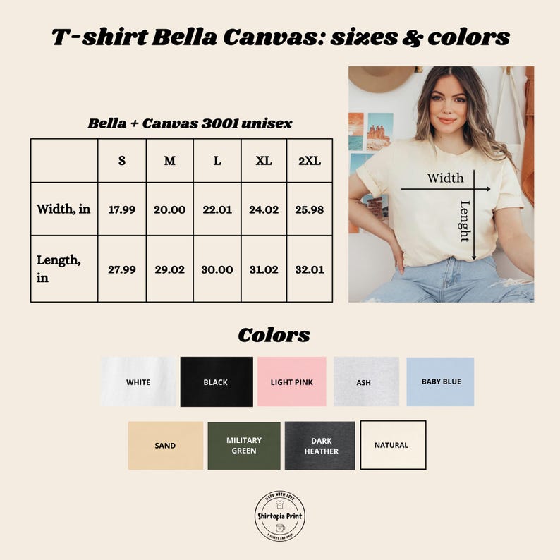 K&ouml;nnte beinhalten: Bild mit einer Gr&ouml;&szlig;entabelle f&uuml;r Unisex-T-Shirts Bella + Canvas 3001 mit Ma&szlig;en in cm. Verf&uuml;gbare Farben: Wei&szlig;, Schwarz, Hellrosa, Aschgrau, Babyblau, Sand, Milit&auml;rgr&uuml;n, Dunkelgrau und Natur.