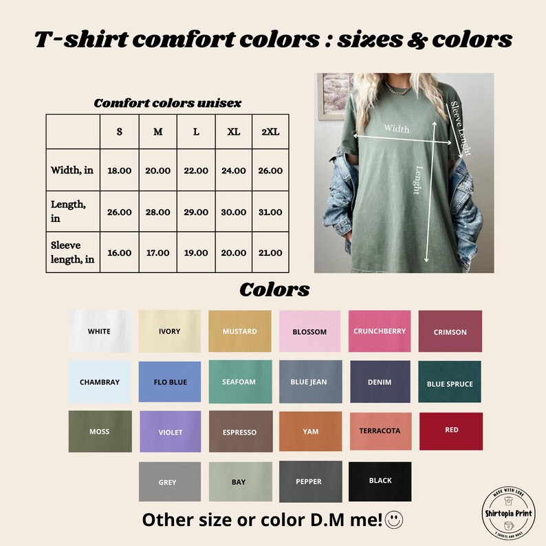 Puede incluir: Un gr&aacute;fico que muestra las opciones de tama&ntilde;o y color para camisetas unisex. El gr&aacute;fico muestra el ancho, la longitud y la longitud de la manga en pulgadas para las tallas S, M, L, XL y 2XL. Los colores disponibles son blanco, marfil, mostaza, flor, ar&aacute;ndano, carmes&iacute;, Chambray, azul flo, espuma de mar, azul vaquero, denim, azul abeto, musgo, violeta, espresso, yam, terracota, rojo, gris, bah&iacute;a, pimienta y negro.