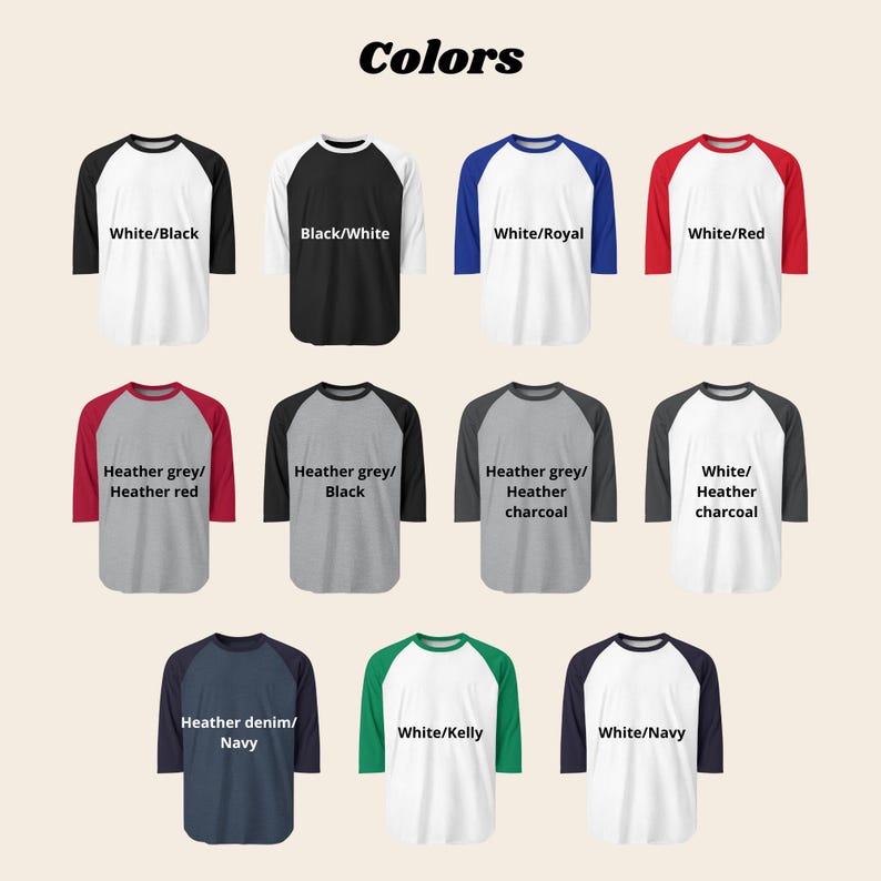 Pu&ograve; includere: Una collezione di magliette in stile baseball in varie combinazioni di colori, tra cui bianco con maniche nere, bianco con maniche rosse e grigio m&eacute;lange con maniche nere. La parola "Colors" &egrave; in alto.