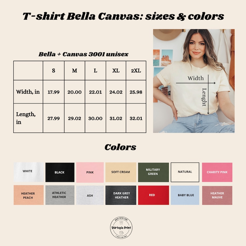 Puede incluir: Tabla de tallas de camisetas Bella + Canvas con medidas en pulgadas. Las tallas van de la S a la 2XL, con anchos de 45.69 cm a 65.99 cm y largos de 71.09 cm a 81.30 cm. Tambi&eacute;n se muestra una paleta de colores.