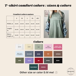 Puede incluir: Imagen que muestra una tabla de tallas para camisetas unisex de colores confort, con medidas en pulgadas. La tabla incluye tallas de la S a la 2XL, con dimensiones de ancho, largo y largo de manga. Tambi&eacute;n se muestra una paleta de colores.