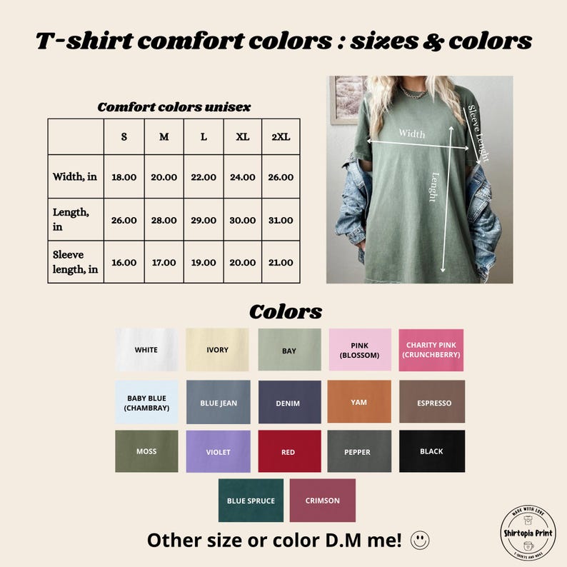 Puede incluir: Imagen que muestra una tabla de tallas para camisetas unisex de colores confort, con medidas en pulgadas. La tabla incluye tallas de la S a la 2XL, con dimensiones de ancho, largo y largo de manga. Tambi&eacute;n se muestra una paleta de colores.