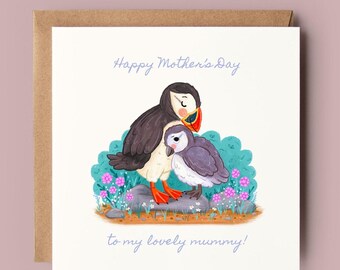 Puffin Mother's Day Card – Mummy and Baby Animal Illustration