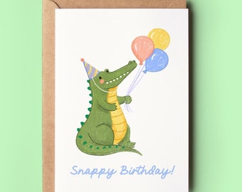Snappy Birthday Card - Party Pastel Crocodile with Balloons - Kids Animal Alligator Celebration Card