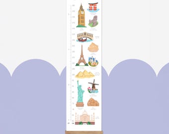 Landmarks of the World Kids Height Chart – Nursery Wall Decor with Wooden Hanger