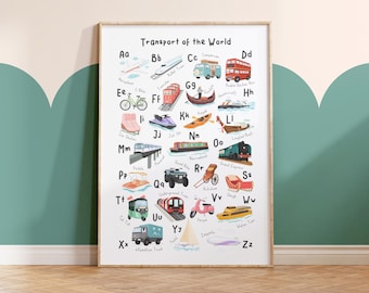 A-Z Transportation Print – Kids Travel Alphabet Wall Art, Playroom Decor