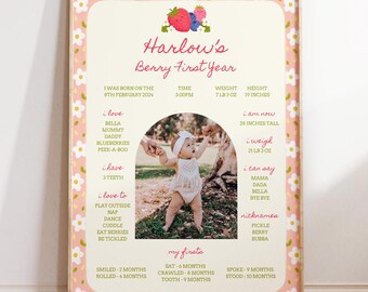 Plakat z kamieniami milowymi pierwszych urodzin Berry – szablon do edycji (pobranie cyfrowe)