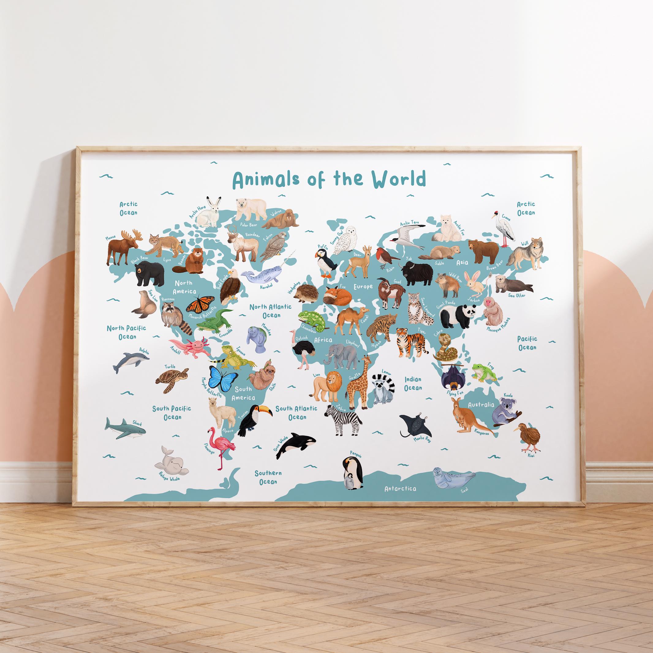 Animal World Map Print – Kids Travel Nursery, Playroom Wall Art - Etsy ...