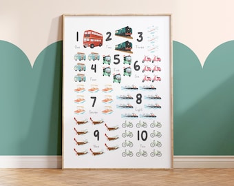 Transport Counting Poster – Illustrated Number Print, Nursery Wall Art - A4 or A3