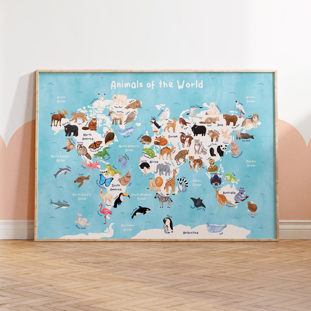 Animal World Map Print – Kids Travel Nursery, Playroom Wall Art - Etsy ...