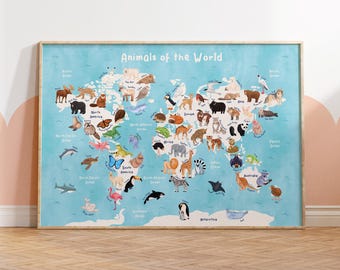 Animal World Map Print – Kids Travel Nursery, Playroom Wall Art