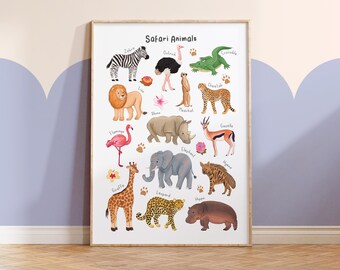Safari Animals Print – Kids Nursery Wall Art, Montessori Decor - A4 or A3