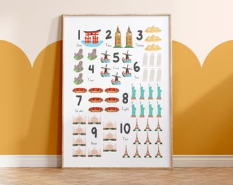 Landmarks Counting Poster – Illustrated Nursery Wall Art, Educational Print - A4 or A3