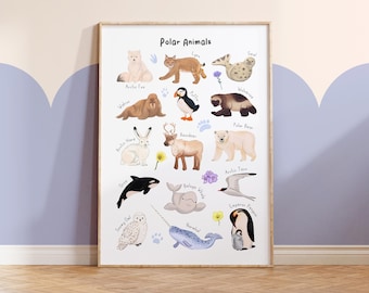 Polar Animals Nursery Print – Illustrated Arctic Animals Wall Art - A4 or A3