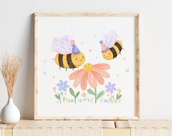 Bumble Bee Nursery Print – Party Bees and Flowers, Kids Wall Art