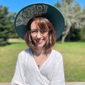 Wide Brim Spanish Bolero Hat, Gaucho Hat, Wide Brim Fedora Hand Painted, Witch Hat, Teal, Tribal