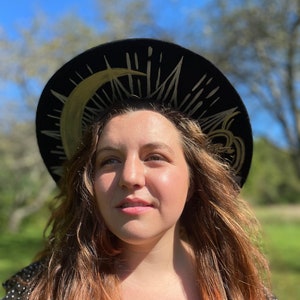 Wide Brim Spanish Bolero Hat, Gaucho Hat, Wide Brim Fedora Hand Painted, Witch Hat, Black , Snakes, Celestial, Moon