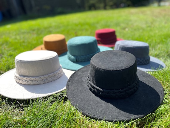 Spanish Bolero Hat Black, Flat-brimmed Gaucho Hat Black GAMBLER ~Wool Felt HAT~ Spanish Bolero  Flat Top