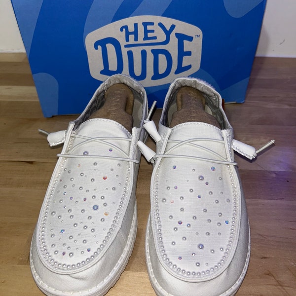 Pearl Hey Dude wedding day Shoes | Custom Hey Dude wedding shoes | Bride shoes