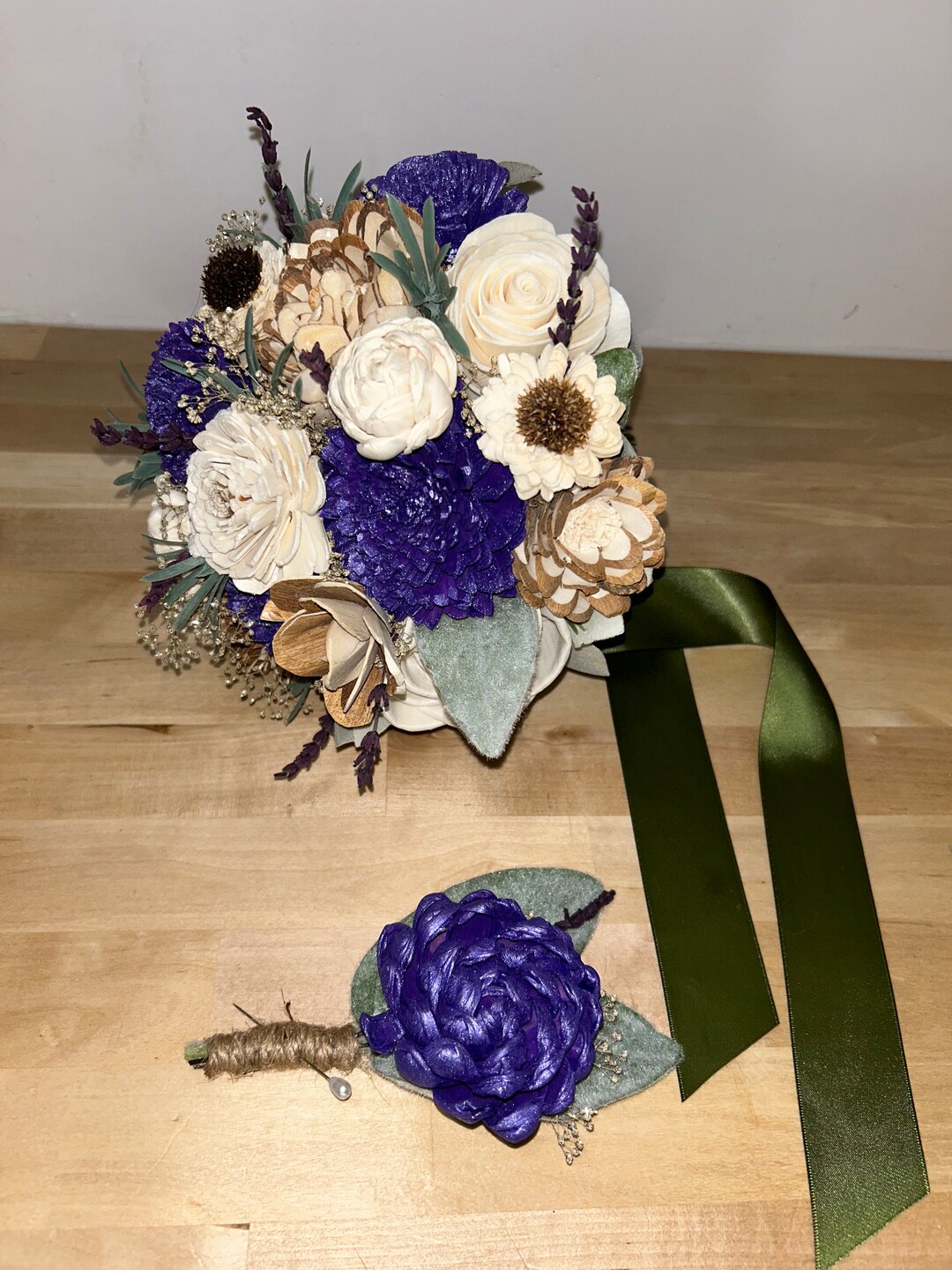 Custom Sola Wood Flower Wedding Bouquets Metallic Purple, Sage and Wood