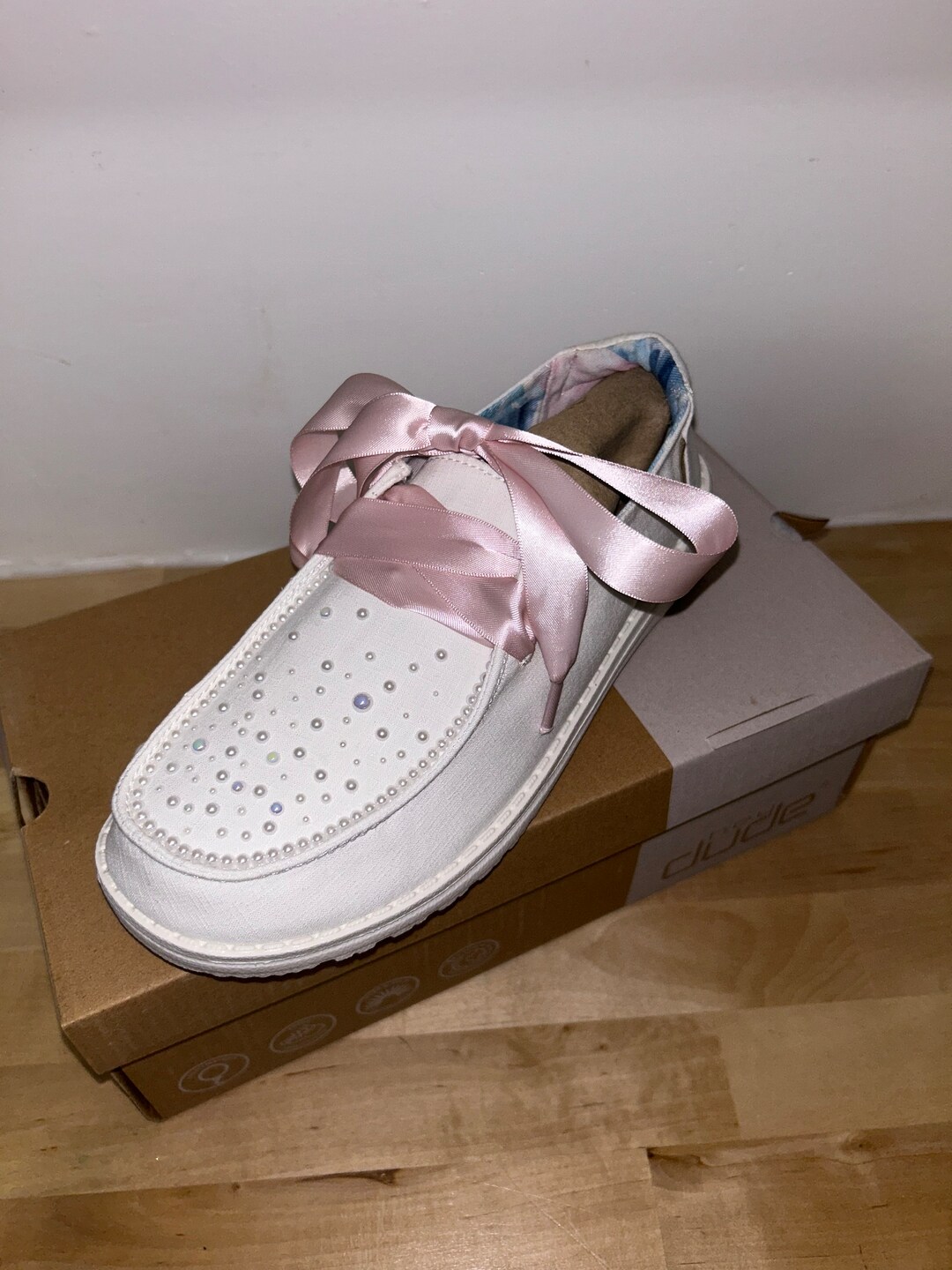 Custom Pearl Wedding Hey Dude Shoes With Satin Laces Etsy