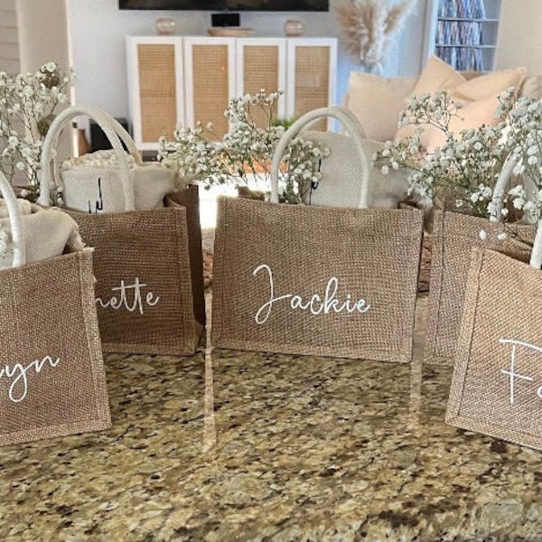 Personalized bridal party jute tote bag with handles | Jute tote with names | DIY bridesmaid proposal bag