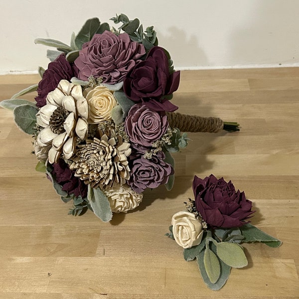 Rustic purple and wood Sola wood flower wedding bouquet | Custom color wood flowers | frosted greenery Bouquet and boutonnière