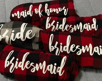 Personalized wedding day bridal party flannel shirts | Matching getting ready outfit | Bridal party flannel gift