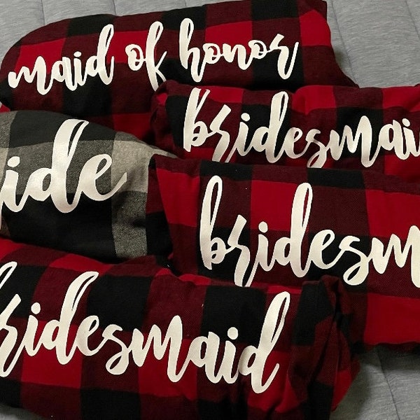 Personalized wedding day bridal party flannel shirts | Matching getting ready outfit | Bridal party flannel gift