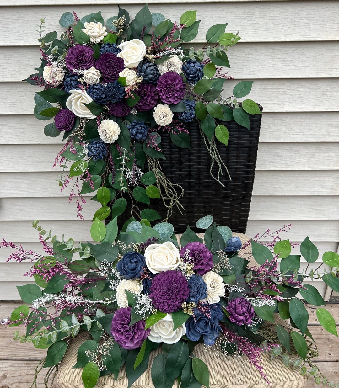 Custom Sola Wood Flower Arch Piece Arrangements Purple and Navy Greenery Corner Arch Decor